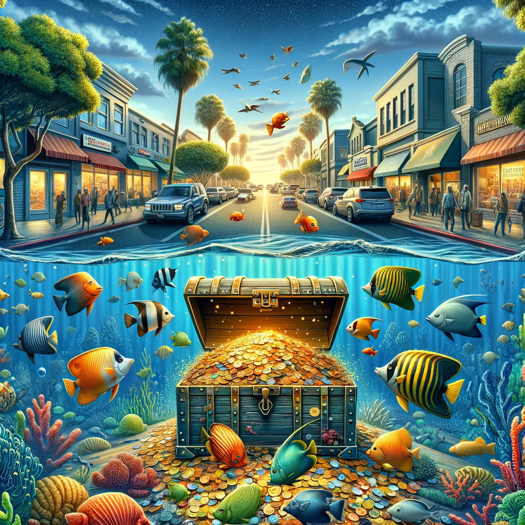 A stylized underwater scene with fish swimming around a treasure chest full of gold and gems, symbolizing rich investment opportunities in the fish industry.