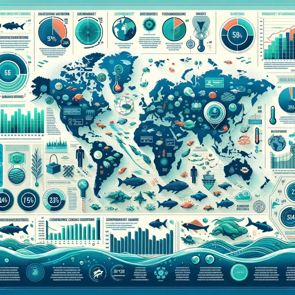 Infographic depicting the Seafood Industry Analysis with maps, charts, and icons related to seafood production, consumption trends, sustainability, and climate impact.