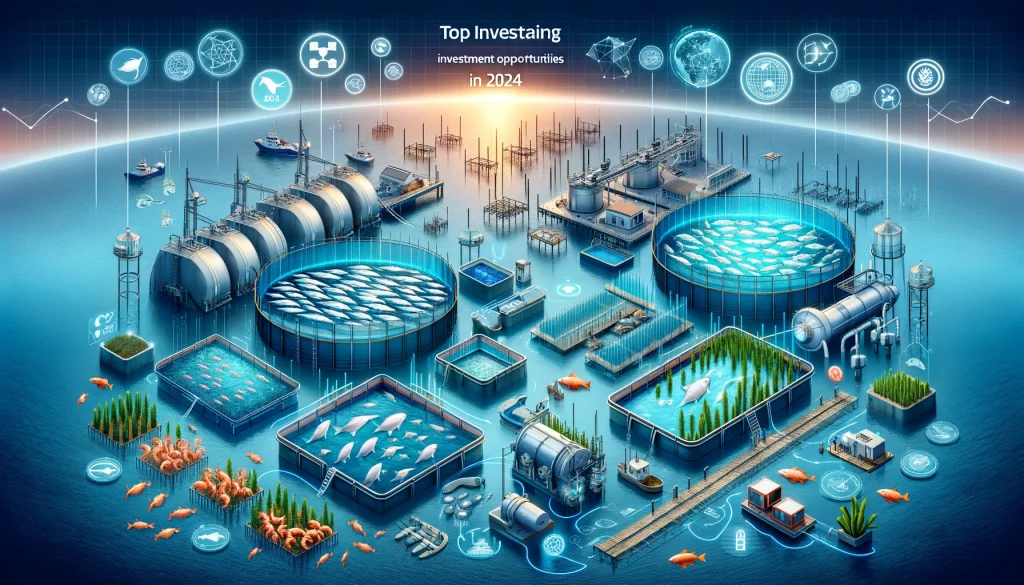 A comprehensive depiction of top fish investment opportunities in 2024, highlighting modern aquaculture practices, sustainable fishing, and key species like salmon, shrimp, and tilapia.